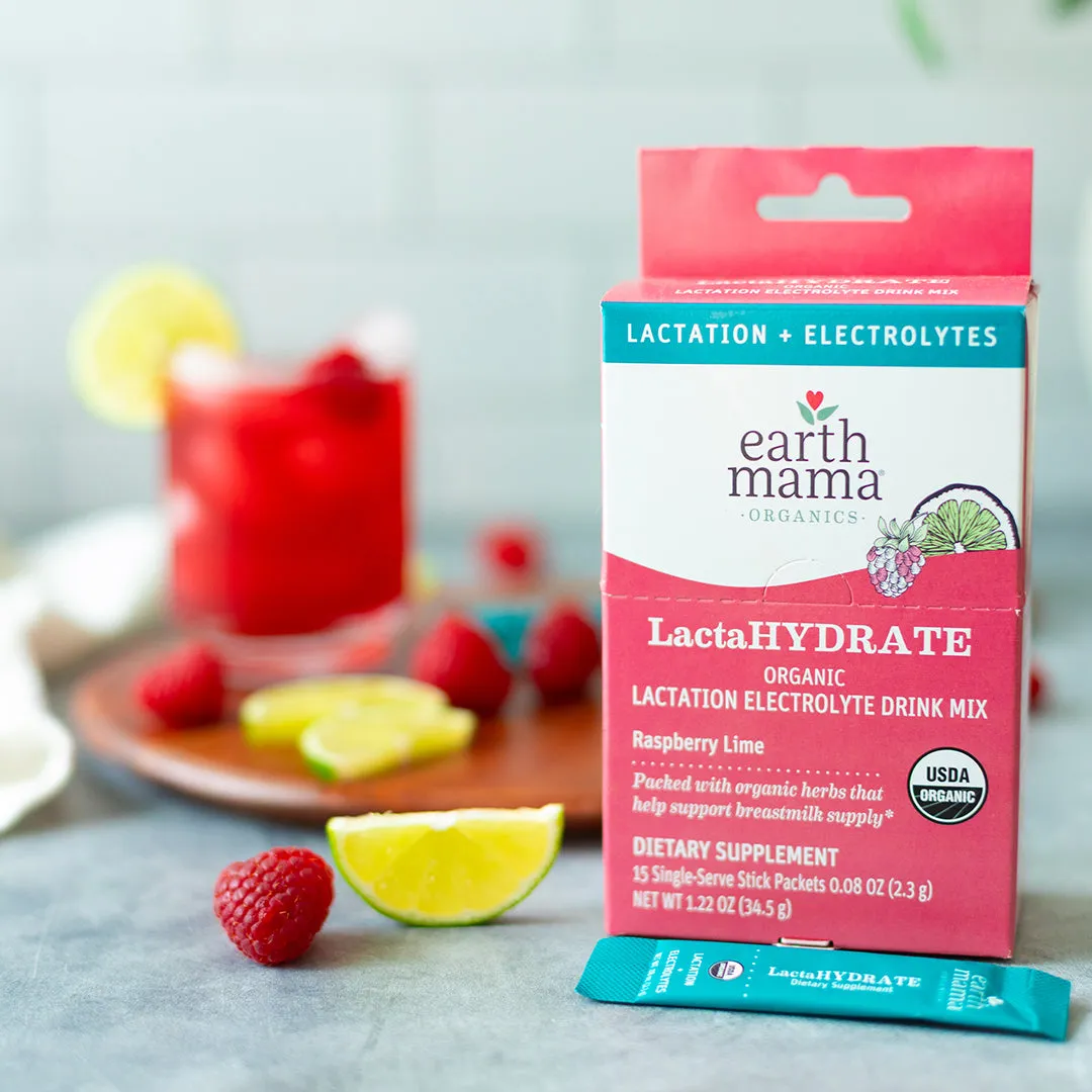 Earth Mama LactaHYDRATE elektrolytdryck för amning 15 portionspåsar hallon-lime