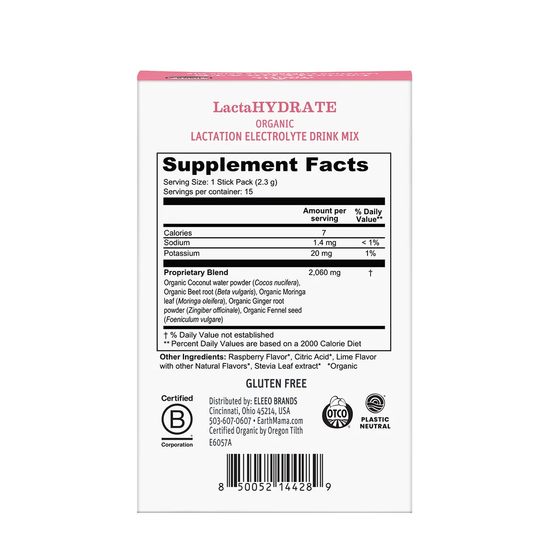 Earth Mama LactaHYDRATE elektrolytdryck för amning 15 portionspåsar hallon-lime