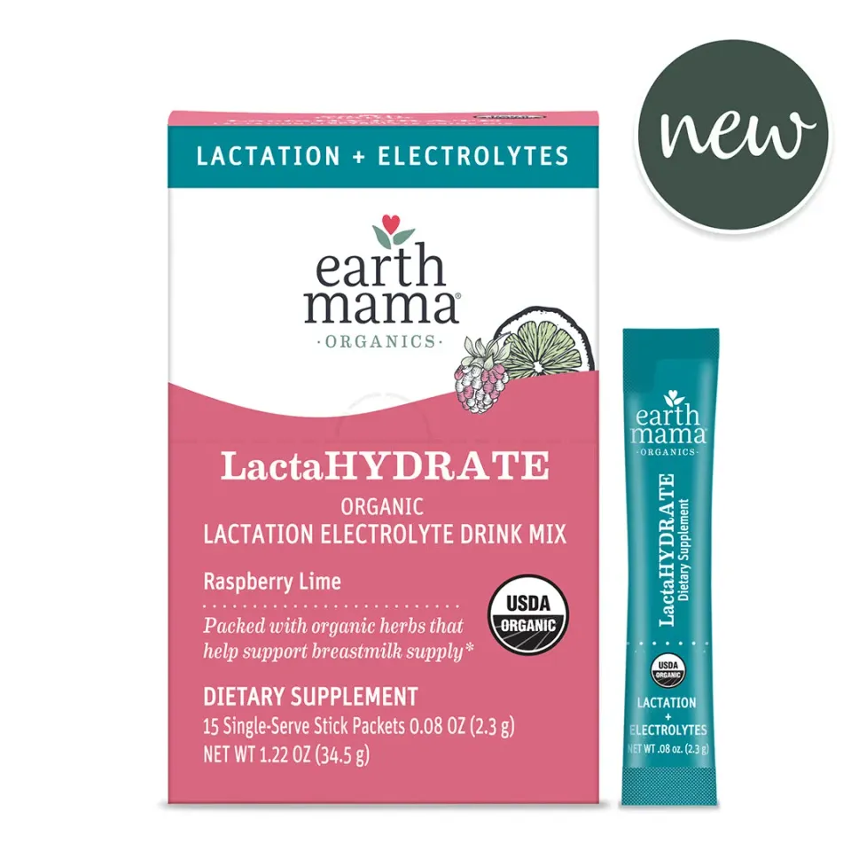 Earth Mama LactaHYDRATE elektrolytdryck för amning 15 portionspåsar hallon-lime